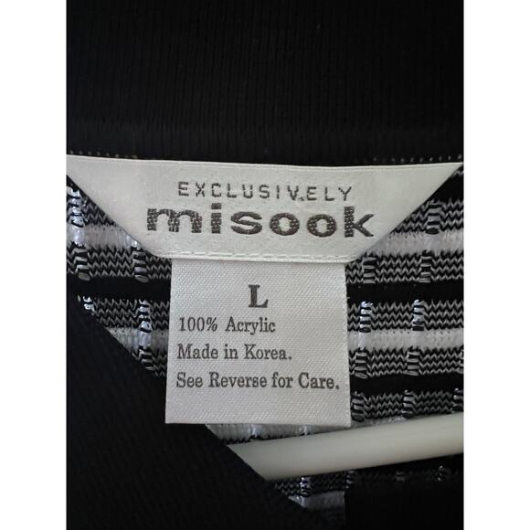 Misook Vintage 90s Black White Ribbed Knit Button Up Sweater Shirt Large Stretch - Picture 7 of 8